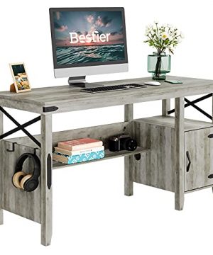 Bestier Computer Desk With Storage Cabinet 55 Inch Home Office Farmhouse Style Table With Bookshelf Gray 0 300x360