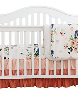 Boho Coral Feather Floral Ruffle Baby Minky Blanket Peach Floral Nursery Crib Skirt Set Baby Girl Crib Bedding Feather Blanket Feather Floral 3pc Set 0 300x360