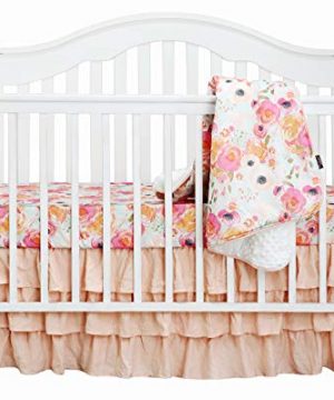 Boho Coral Floral Ruffle Skirt Baby Minky Blanket Peach Floral Nursery Crib Skirt Set Baby Girl Crib Bedding Feather Blanket Poppy Watercolor Floral 3pc Set 0 300x360