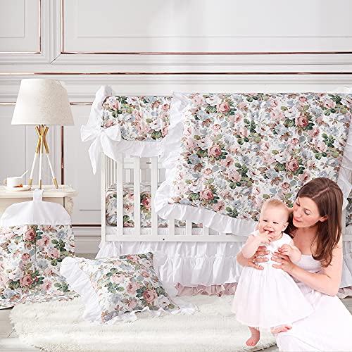Brandream French Country Floral Crib Bedding Sets For Girls 3 Piece Shabby Rose Flower Nursery Set Ruffled Baby Comforter Crib Sheet Dust Ruffled Included 0 1