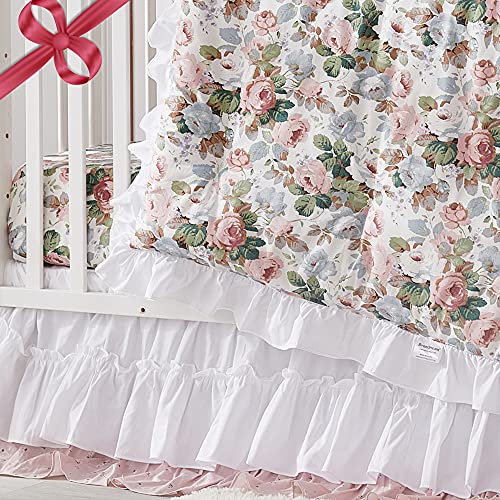 Brandream French Country Floral Crib Bedding Sets For Girls 3 Piece Shabby Rose Flower Nursery Set Ruffled Baby Comforter Crib Sheet Dust Ruffled Included 0