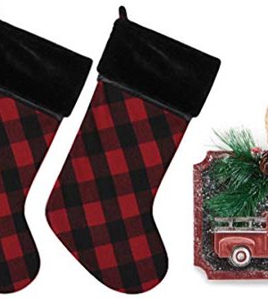 Charmed By Dragons Buffalo Plaid Classic Farmhouse Decor Christmas Stockings 20 With Coordinating Rustic Red Truck Tree Ornament 2 Stockings Ornament 0 300x339