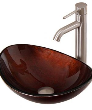 ELITE Unique Oval Artistic Bronze Tempered Glass Bathroom Vessel Sink Brushed Nickel Single Lever Faucet Combo 0 300x360