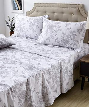 FADFAY Sheet Set King Farmhouse Bedding Shabby Floral Vintage Bedding 100 Cotton Super Soft Hypoallergenic White And Grey Deep Pocket Fitted Sheet 4 Pieces King Size 0 300x360