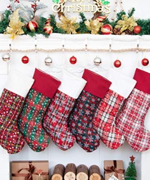 LUBOT 6 Pack Christmas Stocking20inch Plaid Snowflake Glitter Print Canvas Fireplace Hanging Xmas Stockings For Family Decorations Holiday Party Decor 0 300x360