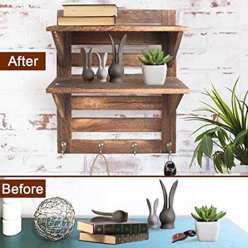 LadyRosian Rustic Wooden Shelves Rustic Shelves With 4 Retro Hooks 2 Tier Wall Mounted Shelves Floating Shelves Wall Storage Hanging Organizer Rack Suitable For Toilet Bedroom Brown 0 3