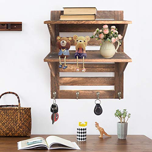 LadyRosian Rustic Wooden Shelves Rustic Shelves With 4 Retro Hooks 2 Tier Wall Mounted Shelves Floating Shelves Wall Storage Hanging Organizer Rack Suitable For Toilet Bedroom Brown 0 4