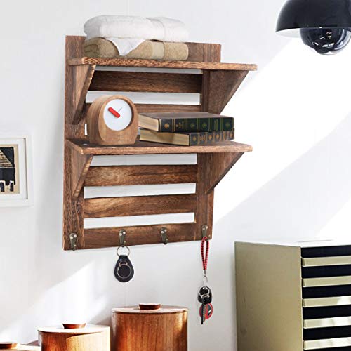 LadyRosian Rustic Wooden Shelves Rustic Shelves With 4 Retro Hooks 2 Tier Wall Mounted Shelves Floating Shelves Wall Storage Hanging Organizer Rack Suitable For Toilet Bedroom Brown 0 5