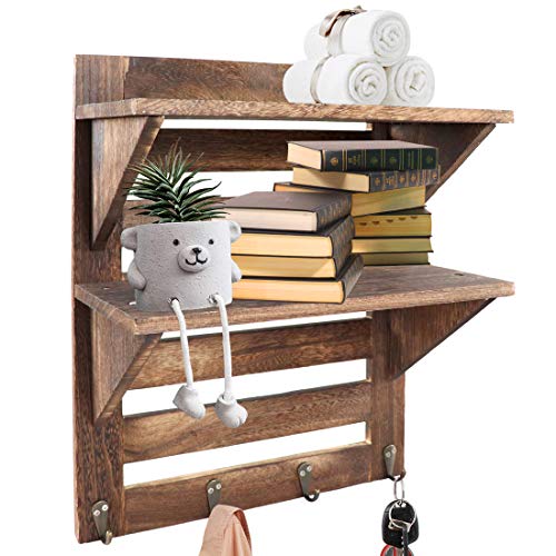 LadyRosian Rustic Wooden Shelves Rustic Shelves With 4 Retro Hooks 2 Tier Wall Mounted Shelves Floating Shelves Wall Storage Hanging Organizer Rack Suitable For Toilet Bedroom Brown 0