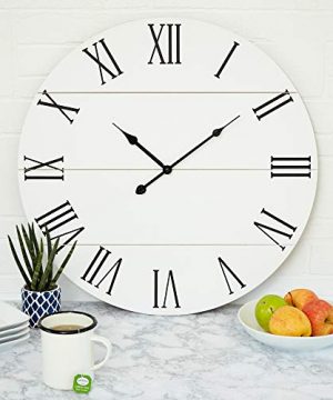 Large White Wall Clock 21 Inches Wooden Shiplap Farmhouse Decoration Roman Numerals Rustic Barn Shabby Chic Sleek Simple Clock Big Classic Decor Battery Operated 0 300x360