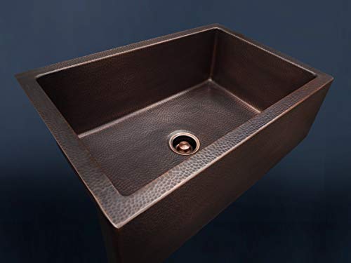 Luxury HEAVY GAUGE 12 Gauge 30 Inch Modern Copper Farmhouse Sink 44 LBS Pure Copper Apron Front Single Bowl Dark Copper Finish Grid And Flange Included FSW1106 By Fossil Blu 0 3