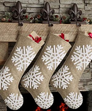 Meriwoods Christmas Stockings 3 Pack 18 Inch Large Burlap Xmas Stocking With White Snowflakes For Family Country Rustic Personalized Holiday Indoor Decorations 0 300x360