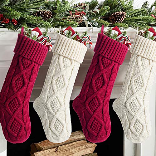 Meriwoods Christmas Stockings 4 Pack 18 Inches Large Cable Knit Knitted Stockings Rustic Xmas Farmhouse Decorations For Family Holiday Country Home Decor Burgundy Red Cream White 0
