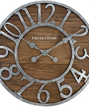 PresenTime Co Vintage Farmhouse Series Galvanized Rustic Barnwood Clock 195 Inch Galvanized Finish Arabic Numerals With Weathered Natural Barnwood 0 300x360