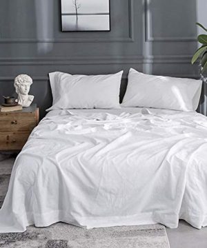 SimpleOpulence Belgian Linen Sheet Set Solid Color 4 Pieces 1 Flat Sheet 1 Fitted Sheet 2 Pillowcases Natural Flax Cotton Blend Soft Bedding Breathable Farmhouse White King Size 0 300x360