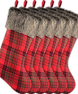Sunshane 6 Pieces Christmas Stockings 18 Inch Xmas Mantel Fireplace Hanging Stockings Decoration Stockings With Plush Faux Fur Cuff For Christmas Party Decorations Plaid 0 300x360