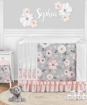 Sweet Jojo Designs Grey Watercolor Floral Baby Girl Nursery Crib Bedding Set 4 Pieces Blush Pink Gray And White Shabby Chic Rose Flower Polka Dot Farmhouse 0 300x360
