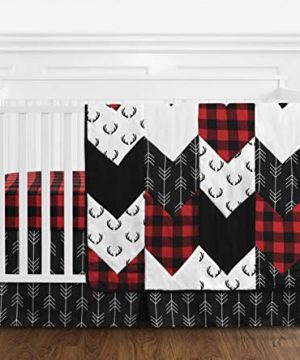 Sweet Jojo Designs Woodland Buffalo Plaid Baby Boy Nursery Crib Bedding Set 4 Pieces Red And Black Rustic Country Deer Lumberjack Arrow 0 300x360