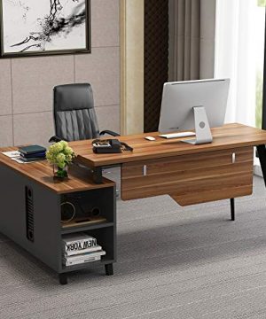 Tribesigns L Shaped Desk Large Executive Office Desk Computer Table Workstation With Storage Shelves Business Furniture With File Cabinet ComboDark Walnut Stainless Steel Legs 0 300x360