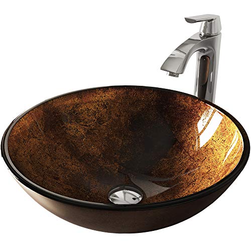 VIGO VGT110 165 L 165 W 1238 H Handmade Countertop Glass Round Vessel Bathroom Sink Set In Gold And Brown Fusion Finish With Chrome Single Handle Single Hole Faucet And Pop Up Drain 0 1