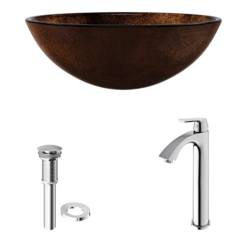 VIGO VGT110 165 L 165 W 1238 H Handmade Countertop Glass Round Vessel Bathroom Sink Set In Gold And Brown Fusion Finish With Chrome Single Handle Single Hole Faucet And Pop Up Drain 0 3