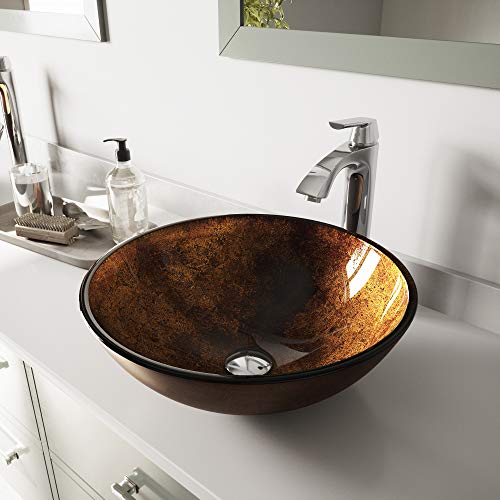 VIGO VGT110 165 L 165 W 1238 H Handmade Countertop Glass Round Vessel Bathroom Sink Set In Gold And Brown Fusion Finish With Chrome Single Handle Single Hole Faucet And Pop Up Drain 0