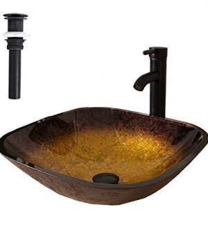 WALCUT USBR1037 Square Bathroom Modern Hit Color Artistic Glass Vessel Sink With ORB Faucet And ORB Pop Up Drain Combo 0 300x360