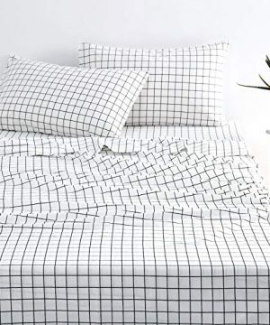 Wake In Cloud Grid Sheet Set 100 Cotton Bedding Black Grid Geometric Modern Pattern Printed On White 4pcs King Size 0 300x360