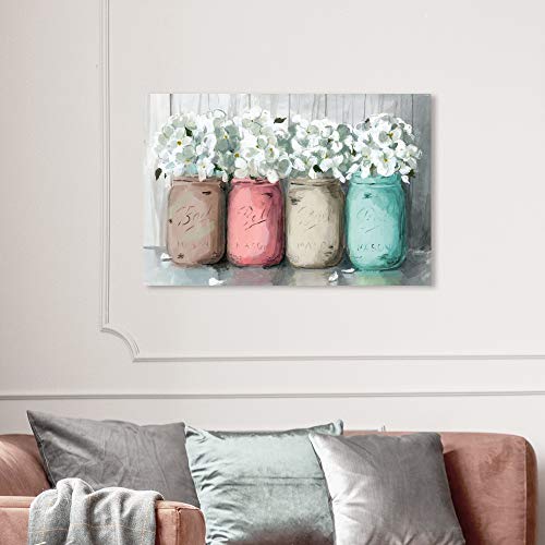 Wynwood Studio Botanical Wall Art Canvas Prints Mason Jar Turquoise Florals Home Decor 36 X 24 White Pink 0 2