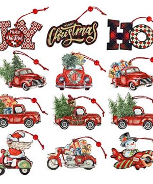 12 Pieces Christmas Ornaments Red Truck Christmas Tree Decoration Wooden Farmhouse Hanging Crafts 0 300x360
