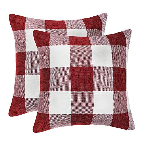 4TH Emotion Set Of 2 Farmhouse Buffalo Check Plaid Throw Pillow Covers Cushion Case Polyester Linen For Christmas Home Decor Red And White 18 X 18 Inches 0