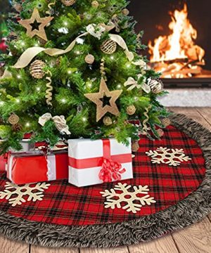 Aiduy Christmas Tree Skirt 48 Inch Large Buffalo Plaid Christmas Tree Skirt Rustic Burlap Xmas Tree Skirt With Thick Faux Fur Snowflake 0 300x360