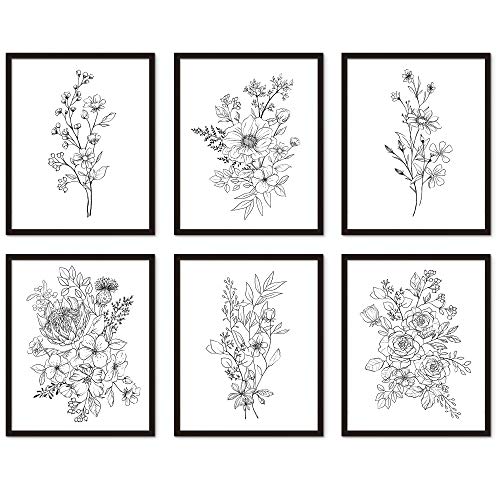 Black And White Flower Wall Art Prints Set Of 6 UNFRAMED Wildflower Botanical Floral Drawing Bedroom Poster Living Room Artwork Farmhouse Aesthetic Decor 8x10 0