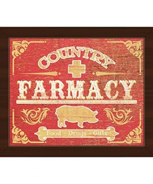 Country Farmacy Food Drugs Gifts With Pig Vintage Indoor Sign On Red Woodgrain Pattern Wall Art Print On Canvas With Espresso Frame 0 300x360