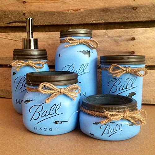 Country Rustic Denim Blue Mason Jar Bathroom Accessories Set, Soap ...