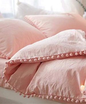 Duvet Cover Queen Size100 Washed Microfiber 3pcs Bedding Duvet Cover Set Pom Poms Fringe Solid Color Soft And Breathable With Zipper Closure Corner Ties Pink 0 300x360