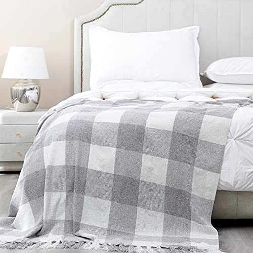 Grey White Buffalo Plaid Decor Blanket Lightweight Soft Chenille Check Knitted Rustic Farmhouse Throw With Tassels For Couch Sofa Chair Bed Office Home Gray And Ivory 50 X 60 0 0