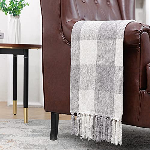Grey White Buffalo Plaid Decor Blanket Lightweight Soft Chenille Check Knitted Rustic Farmhouse Throw With Tassels For Couch Sofa Chair Bed Office Home Gray And Ivory 50 X 60 0 2