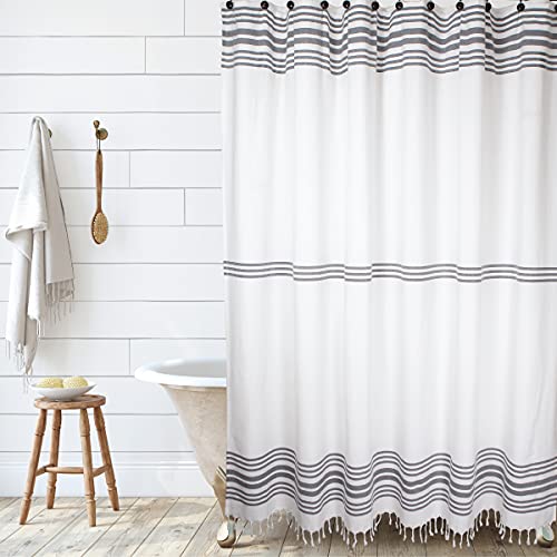 HALL PERRY Modern Block Farmhouse Shower Curtain With Tassels 100 Cotton Striped Fabric For Bathroom Grey And White 0