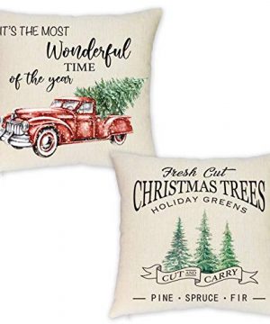 HEOFEAN Christmas Pillow Covers 18x18 Inch Set Of 2 Farmhouse Christmas Throw Pillow Covers For Christmas Decor Red Truck Christmas Decorative Pillow Covers 0 300x360