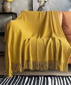 LOMAO Knitted Throw Blanket With Tassels Bubble Textured Lightweight Throws For Couch Cover Home Decor Mustard Yellow 50x60 0 300x360