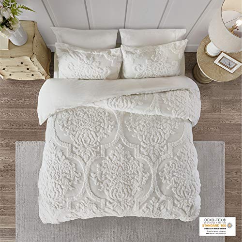 Madison Park Tufted Chenille 100 Cotton Duvet Modern Luxe All Season Comforter Cover Bed Set With Matching Shams KingCal King104x92 Viola Damask White 0 1