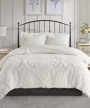 Madison Park Tufted Chenille 100 Cotton Duvet Modern Luxe All Season Comforter Cover Bed Set With Matching Shams KingCal King104x92 Viola Damask White 0 300x360