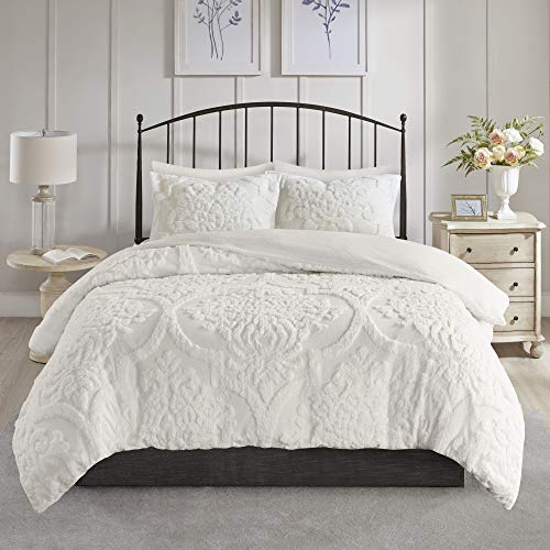 Madison Park Tufted Chenille 100 Cotton Duvet Modern Luxe All Season Comforter Cover Bed Set With Matching Shams KingCal King104x92 Viola Damask White 0