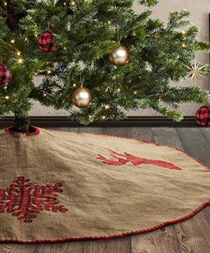 Meriwoods Burlap Christmas Tree Skirt 48 Inch Large Natural Jute Tree Collar With Buffalo Plaid Snowflake Reindeer Country Rustic Indoor Xmas Decorations 0 300x360