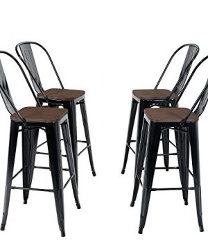 PHI VILLA Metal Patio Bar Stools Set Of 4 30 Inches Counter Height Stools With Wooden Seat And High Back Industrial Style Bar Chairs For Indoor Outdoor Pub Kitchen Island Glossy Black 0 300x360