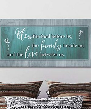 Sense Of Art Bless This Food Quote Wooden Framed Canvas Ready To Hang Wall Art For Home Decoration Teal 42x19 0 300x360