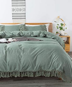Softta Boho Tassel Queen Bedding Set Green Fringed Vintage And Farmhouse Duvet Cover Set 100 Washed Cotton With Zipper Clouser 0 300x360