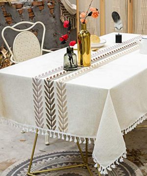TEWENE Tablecloth Farmhouse Table Cloth Cotton Linen Tablecloths Stitching Table Cloths Wrinkle Free Rectangle Tablecloth For Kitchen Dining Outdoor Table55x866 8 SeatsIvory Color 0 300x360