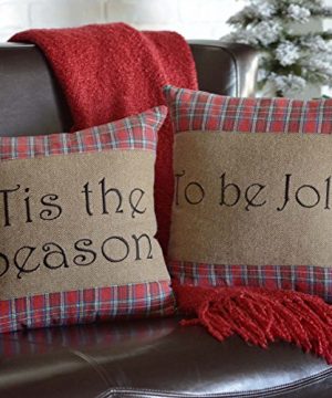 VHC Brands Gavin Tis The Season To Be Jolly Text Textured Cotton Rustic Christmas Decor Appliqued Square Pillow 16x16 Filled Sham Stone 0 300x360